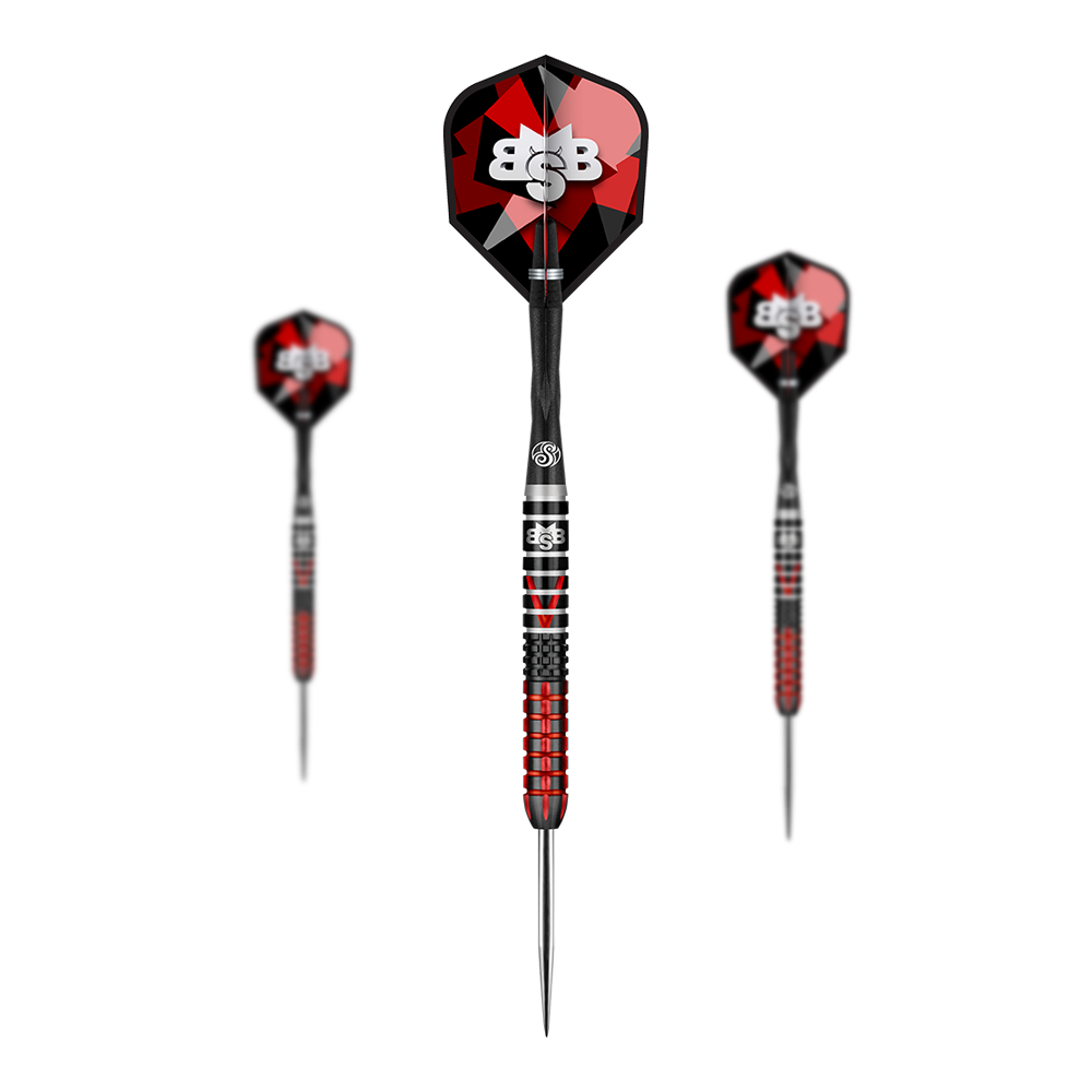 Auf dem Bild sind drei Steeldarts des Modells "Shot Michael Smith Defiant" zu sehen. Die Darts haben ein auffälliges schwarzes und rotes Design mit silbernen Spitzen.